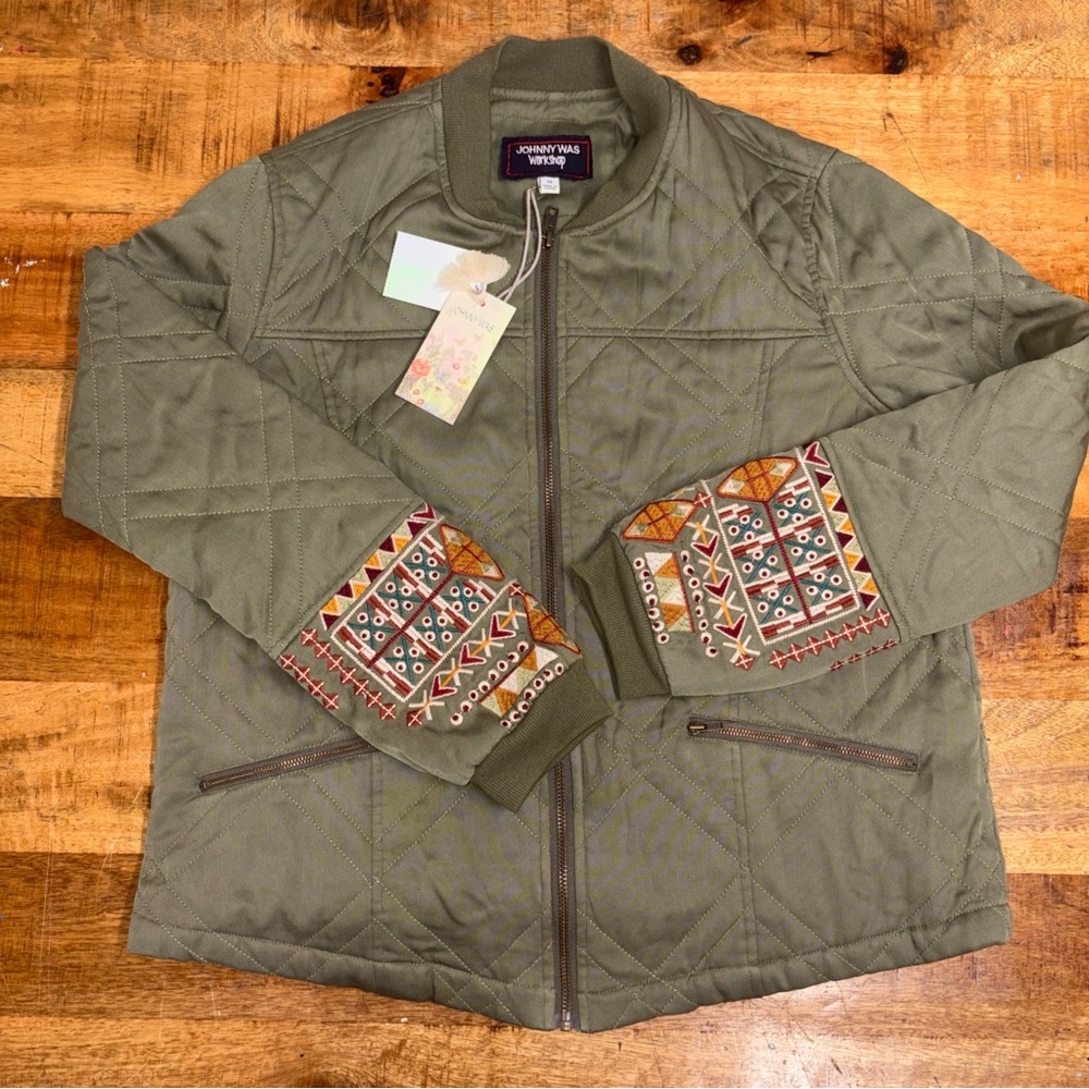Johnny Was Leigh Quilted Sealed Bomber Jacket  XS Army Green NWT W40320-8